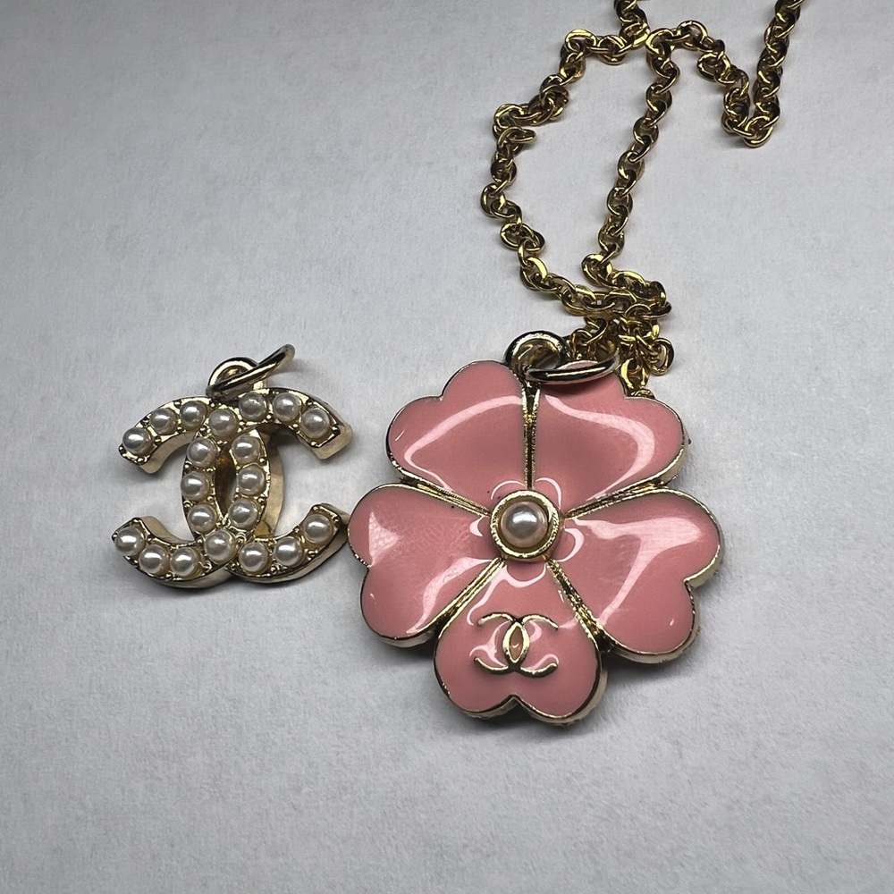 Gold & Pink Flower Pendant Necklace with Pearl Charm